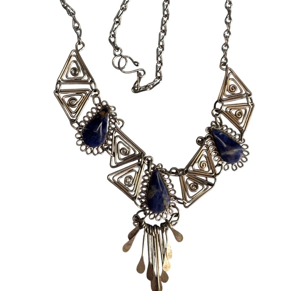 Vintage Silver Necklace Blue Lapis Lazuli Teardrops Intricate Triangle Design 18 - Picture 6 of 6